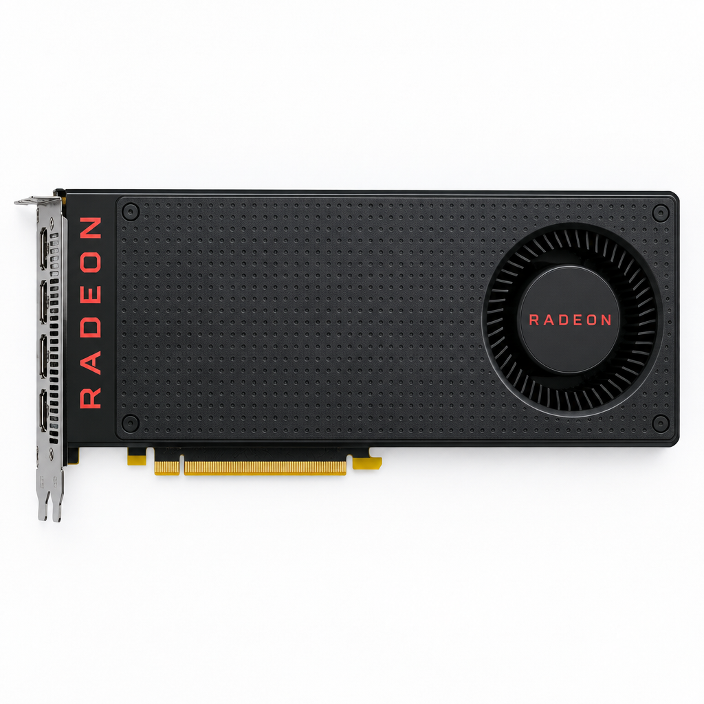 AI-styled AMD Radeon RX 480 graphics card viewed from directly above on a white background