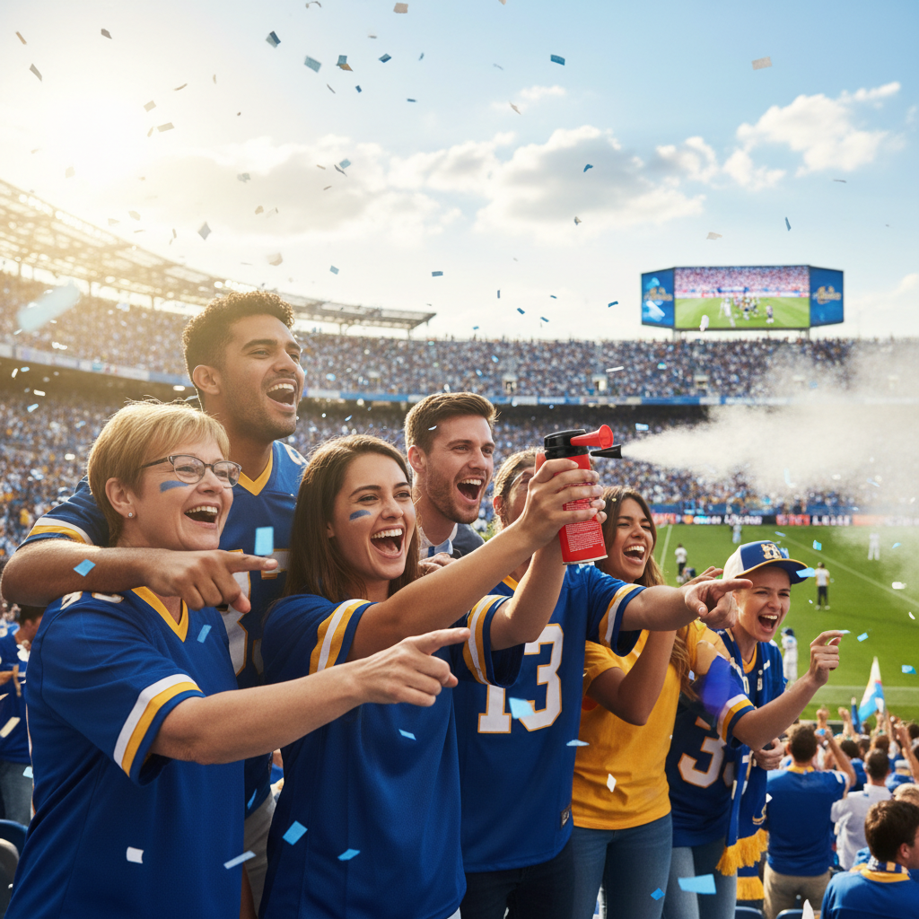 Group of friends at outdoor sporting event with person holding signal horn canister