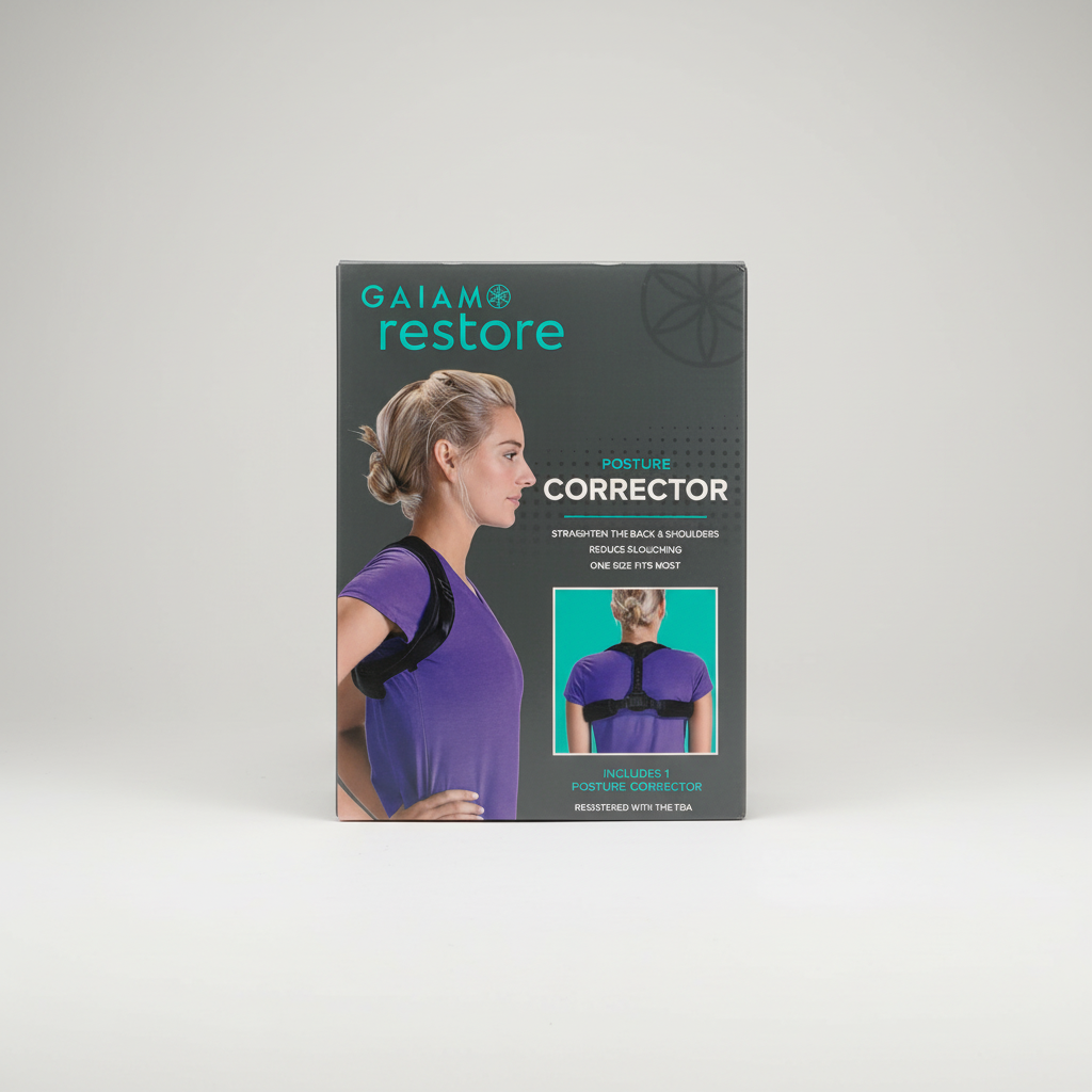 Gaiam Restore Posture Corrector retail box on a neutral background