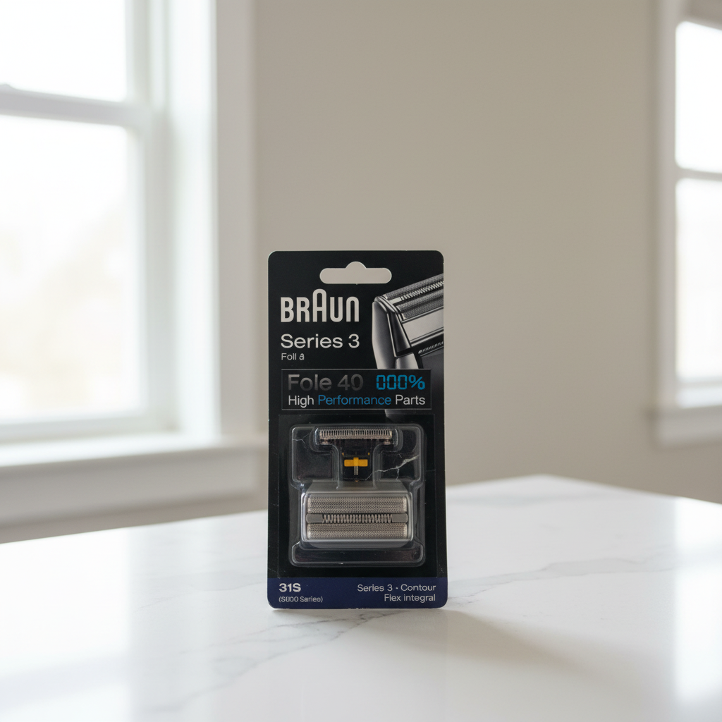Braun Series 3 31S foil and cutter replacement pack in soft natural window light on white quartz countertop – More4less Outlet
