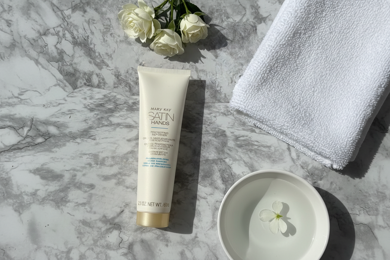 Slim white hand cream tube next to soft white towel, bowl of water, and fresh flowers on marble