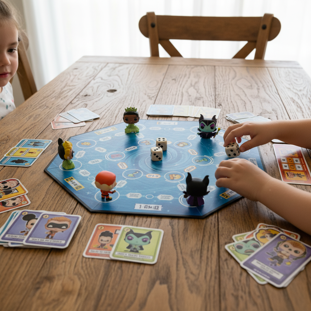 Close-up overhead view of children playing Disney Bitty Pop! Chase Game, rolling dice and moving collectible figures.