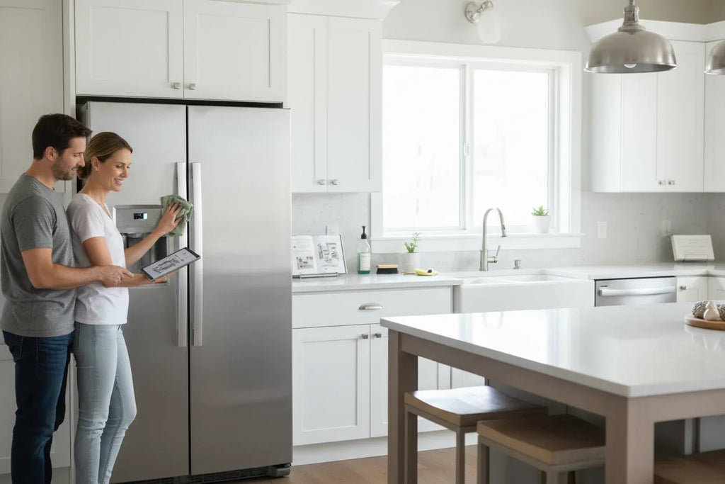Clean modern kitchen with stainless steel refrigerator suggesting appliance maintenance