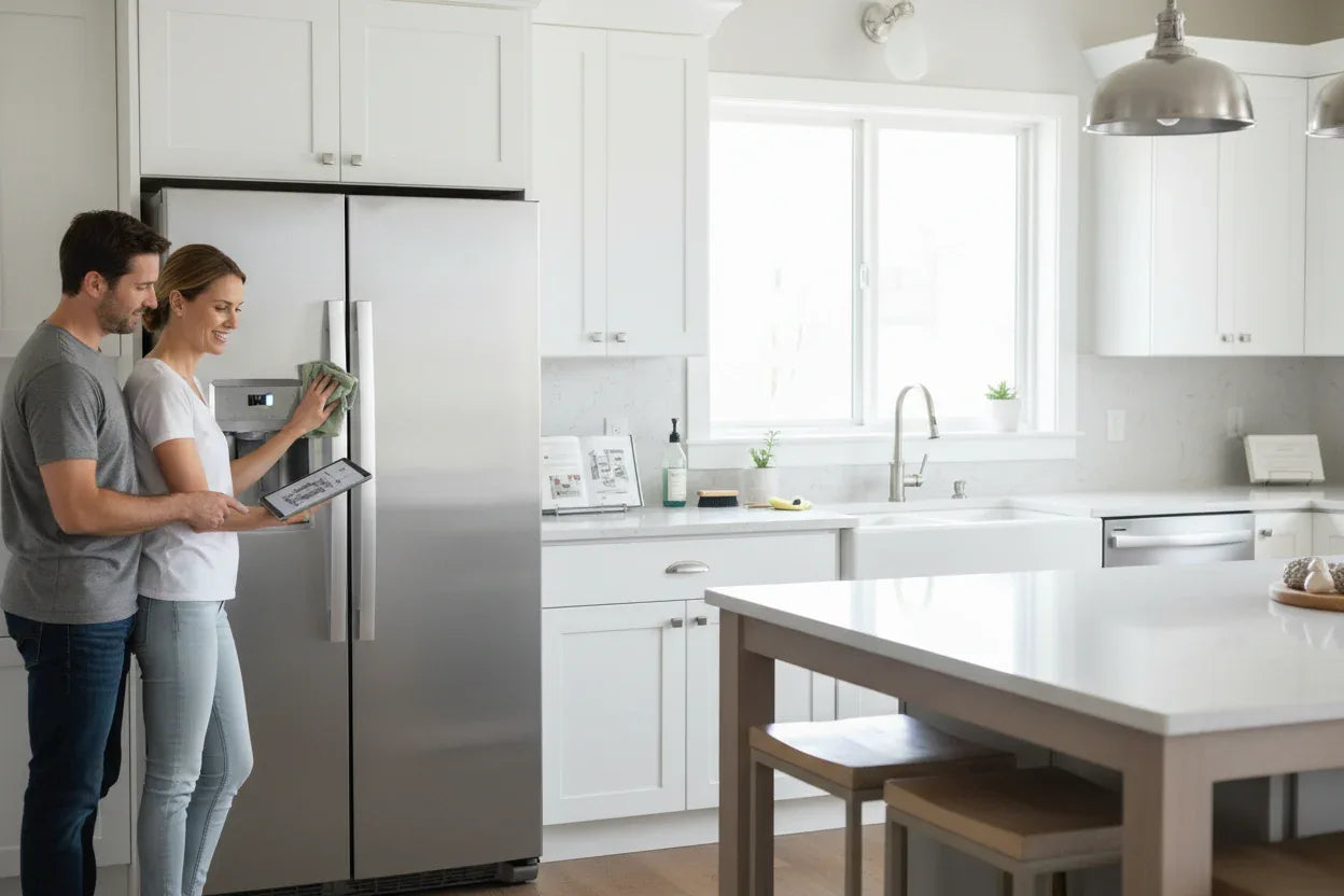 Clean modern kitchen with stainless steel refrigerator suggesting appliance maintenance