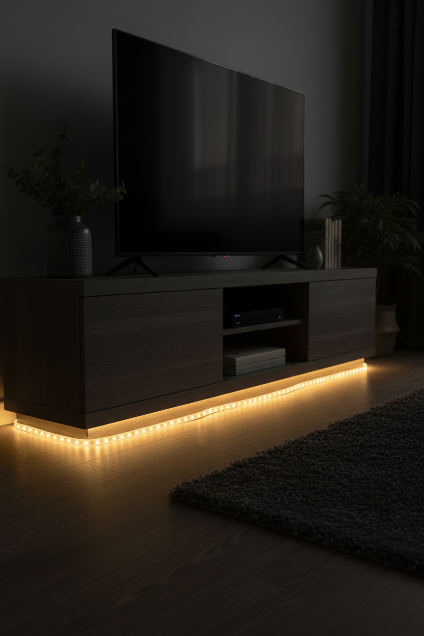 Better Homes and Gardens LED flex light warm white installed along TV entertainment unit in dark living room accent lighting