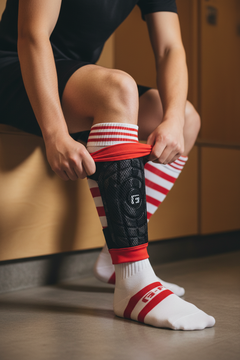 G-Form Pro-S Compact Shin Guards XL being slipped under soccer sock in locker room