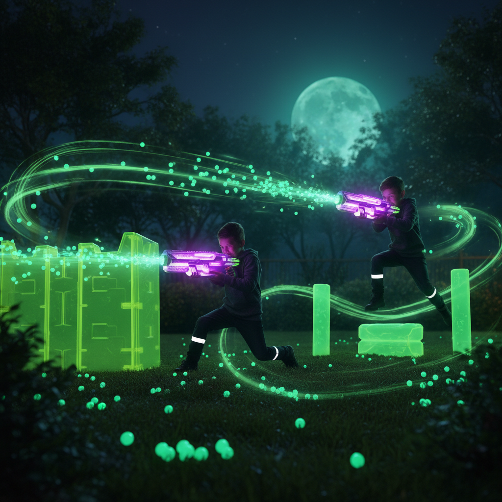 Purple green Gel Blaster Starfire toy blaster glowing dark glow-in-the-dark green gellets kids backyard night battle neon green light trails action - More4less Outlet