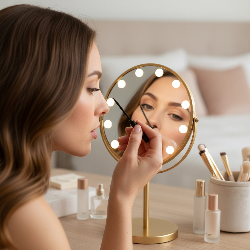 Woman applying precise liquid eyeliner along her upper lash line at a vanity mirror