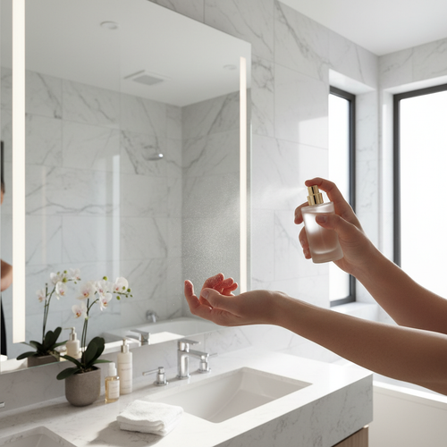Person spraying perfume onto wrist in modern bathroom