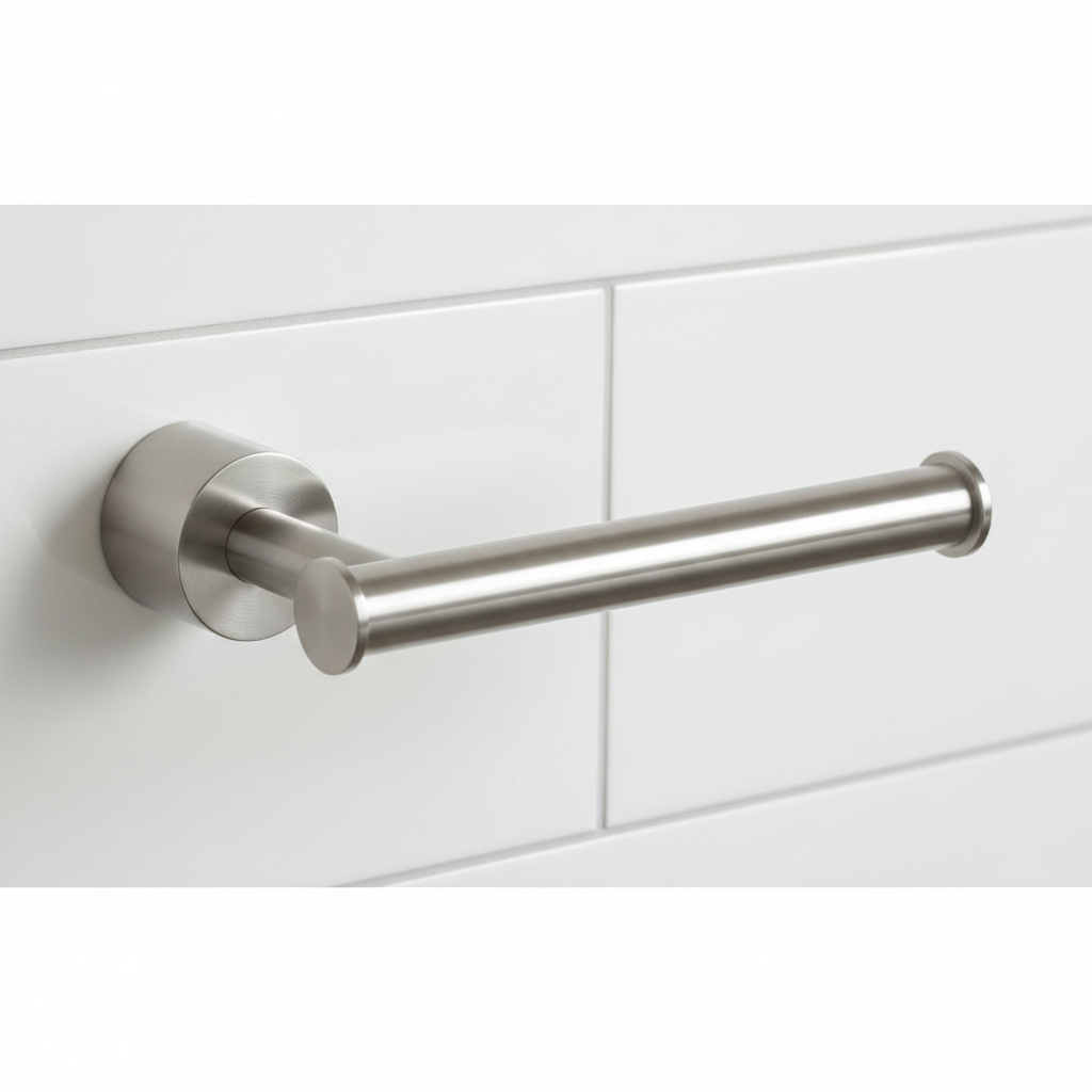 Grohe Atrio SuperSteel toilet paper holder close-up showing matte stainless finish and concealed wall mount against white tile