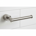 Grohe Atrio SuperSteel toilet paper holder close-up showing matte stainless finish and concealed wall mount against white tile