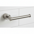 Grohe Atrio SuperSteel toilet paper holder close-up showing matte stainless finish and concealed wall mount against white tile