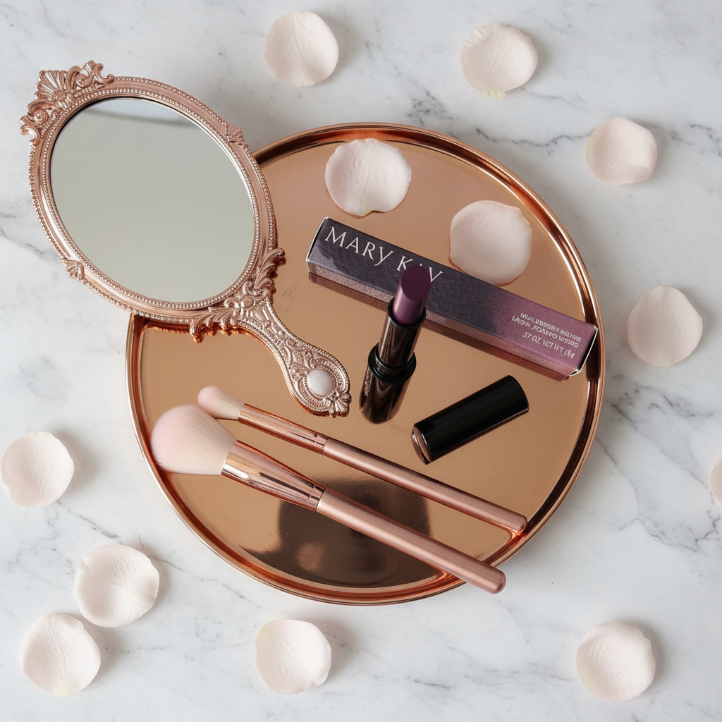Mary Kay Lip Suede Lipstick Mulberry Muse in black gloss tube on a rose-gold tray with makeup brushes, a small mirror, and pink rose petals on a white marble surface — feminine beauty flat-lay