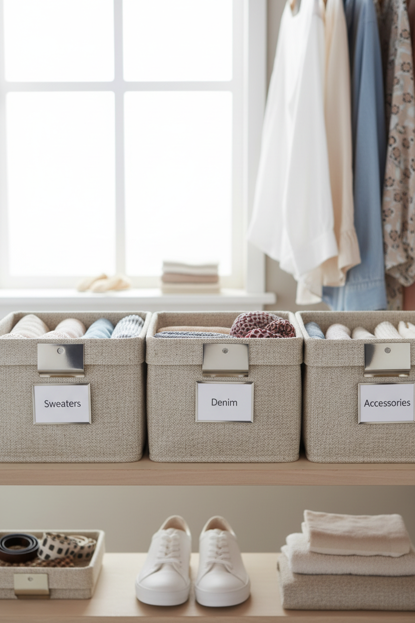 Whitmor silver label clips attached to fabric storage bins on organized closet shelf