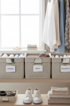 Whitmor silver label clips attached to fabric storage bins on organized closet shelf