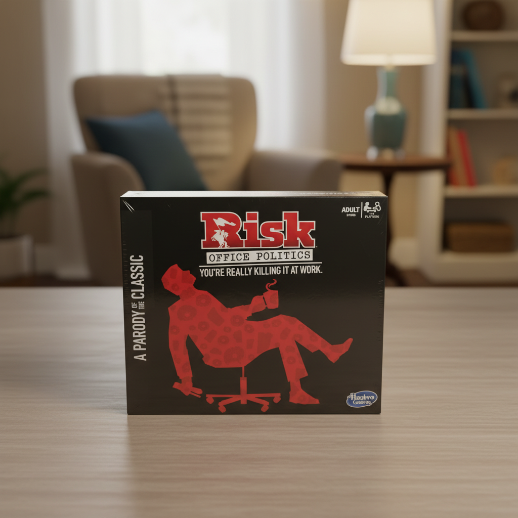 Risk Office Politics adult board game box on a neutral tabletop