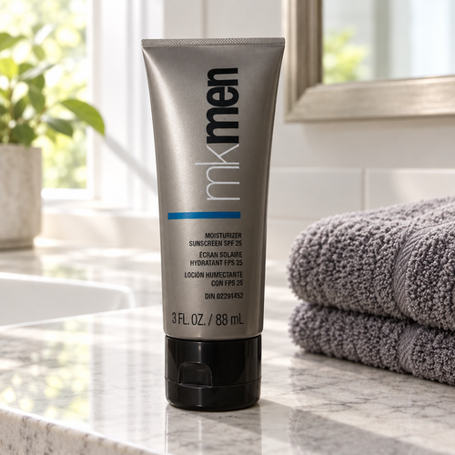 Mary Kay MKMen Moisturizer Sunscreen SPF 25 tube on a bathroom vanity countertop