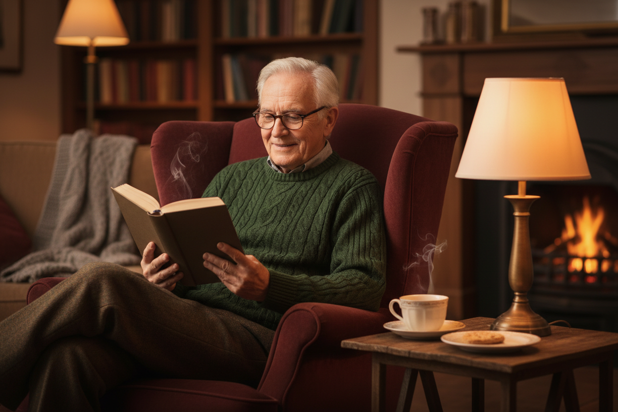 Senior man sitting in cozy armchair reading book with cup of tea relaxed home lifestyle photo
