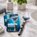 Gillette Mach3 razor beside retail packages on a bathroom countertop
