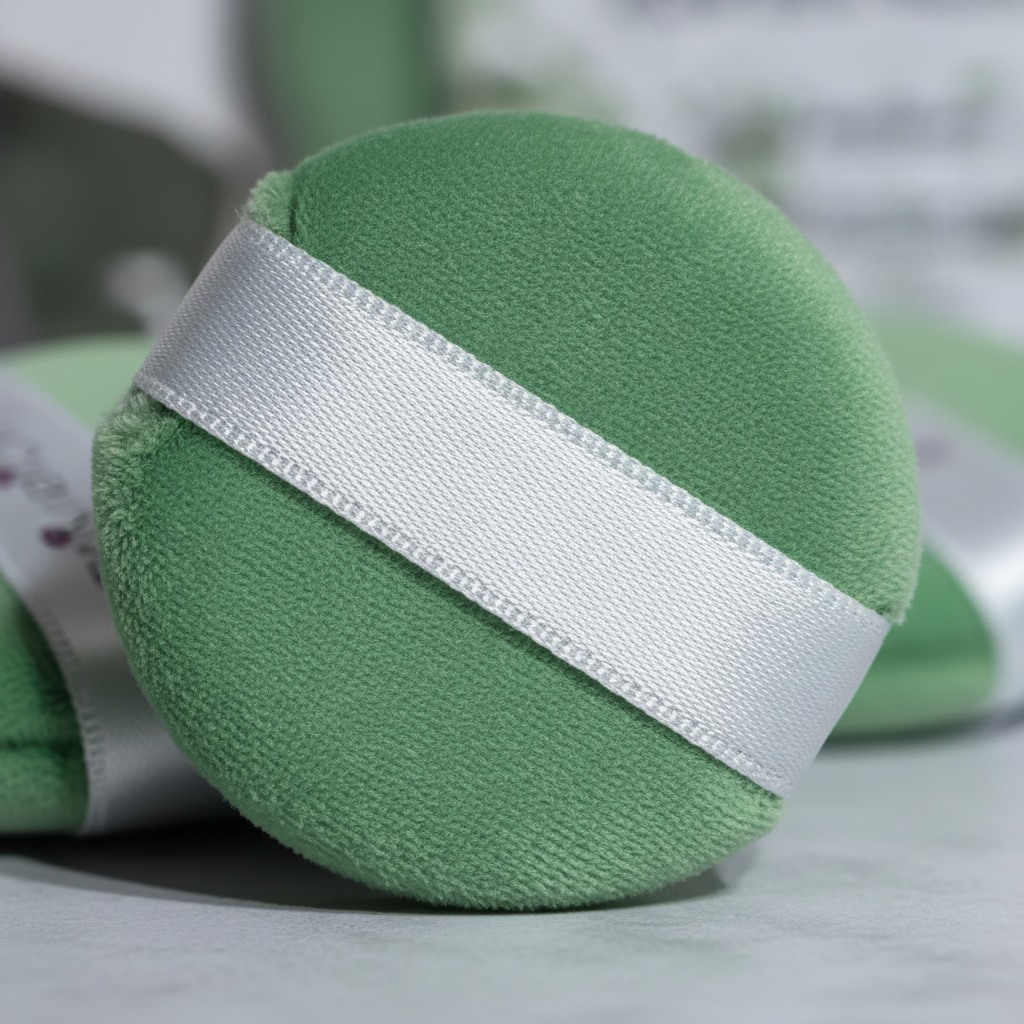 Macro close-up Olivia Rose sage green velvet mini powder puff ultra-soft microfiber satin strap — More4less Outlet