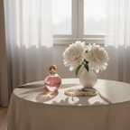 Lifestyle image - pink perfume bottle beside white peony flowers and pearl necklace on vanity table, feminine morning editorial for visual context only