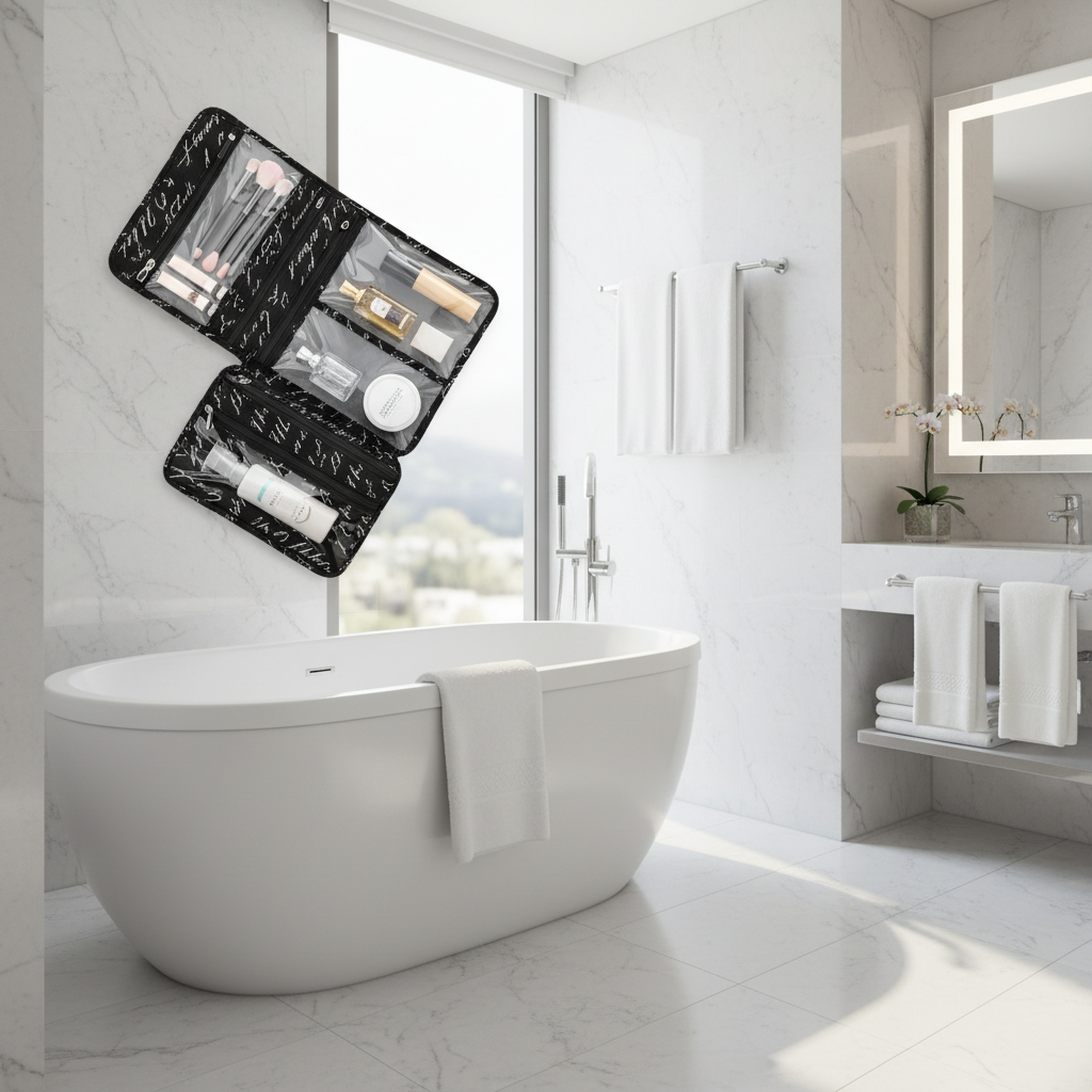 Black-and-white script print cosmetic roll-up bag hanging from chrome towel bar in hotel bathroom with clear pouches packed with beauty products