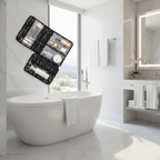Black-and-white script print cosmetic roll-up bag hanging from chrome towel bar in hotel bathroom with clear pouches packed with beauty products