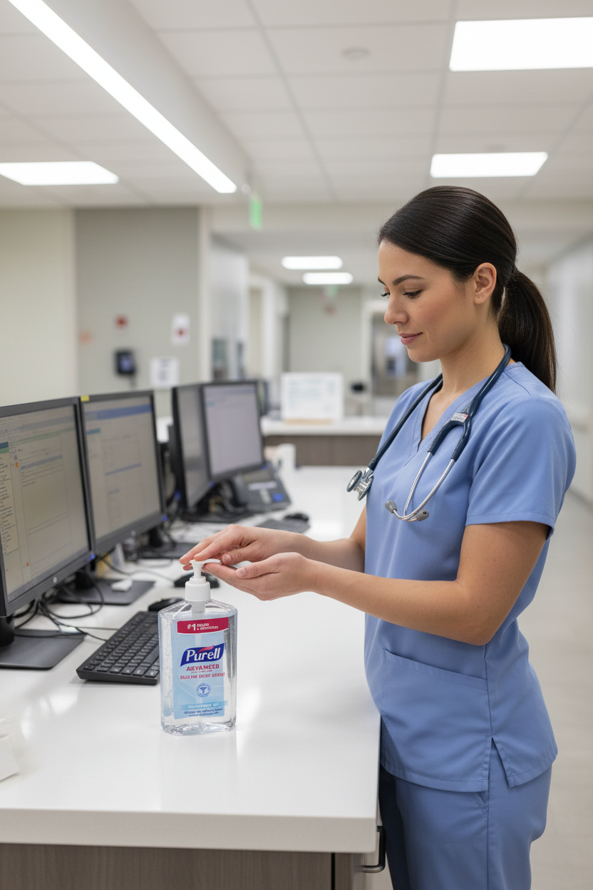 Medical staff using Purell Advanced hand sanitizer pump bottle hospital setting — More4less Outlet