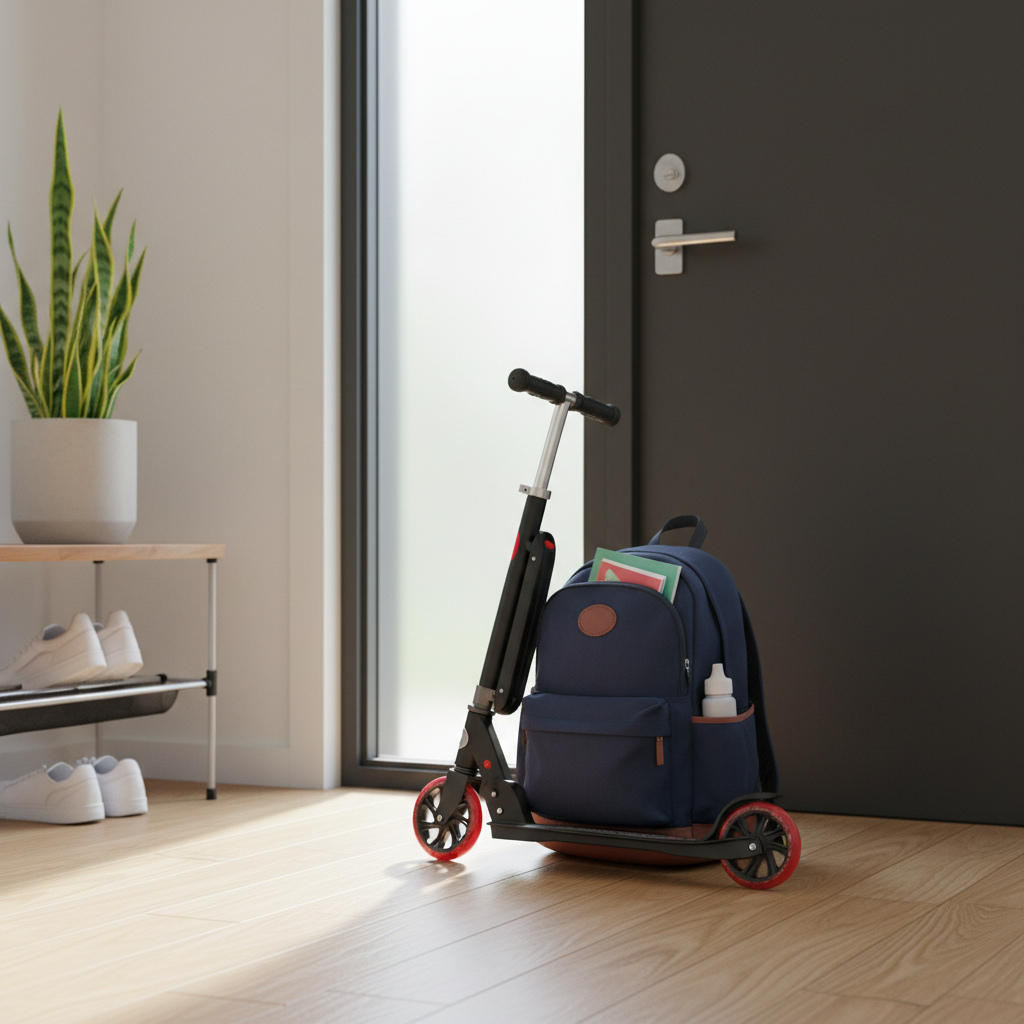 Black and red folding scooter folded compact leaning against backpack near front door — Mongoose Force 1.0 storage — More4less Outlet