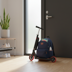 Black and red folding scooter folded compact leaning against backpack near front door — Mongoose Force 1.0 storage — More4less Outlet