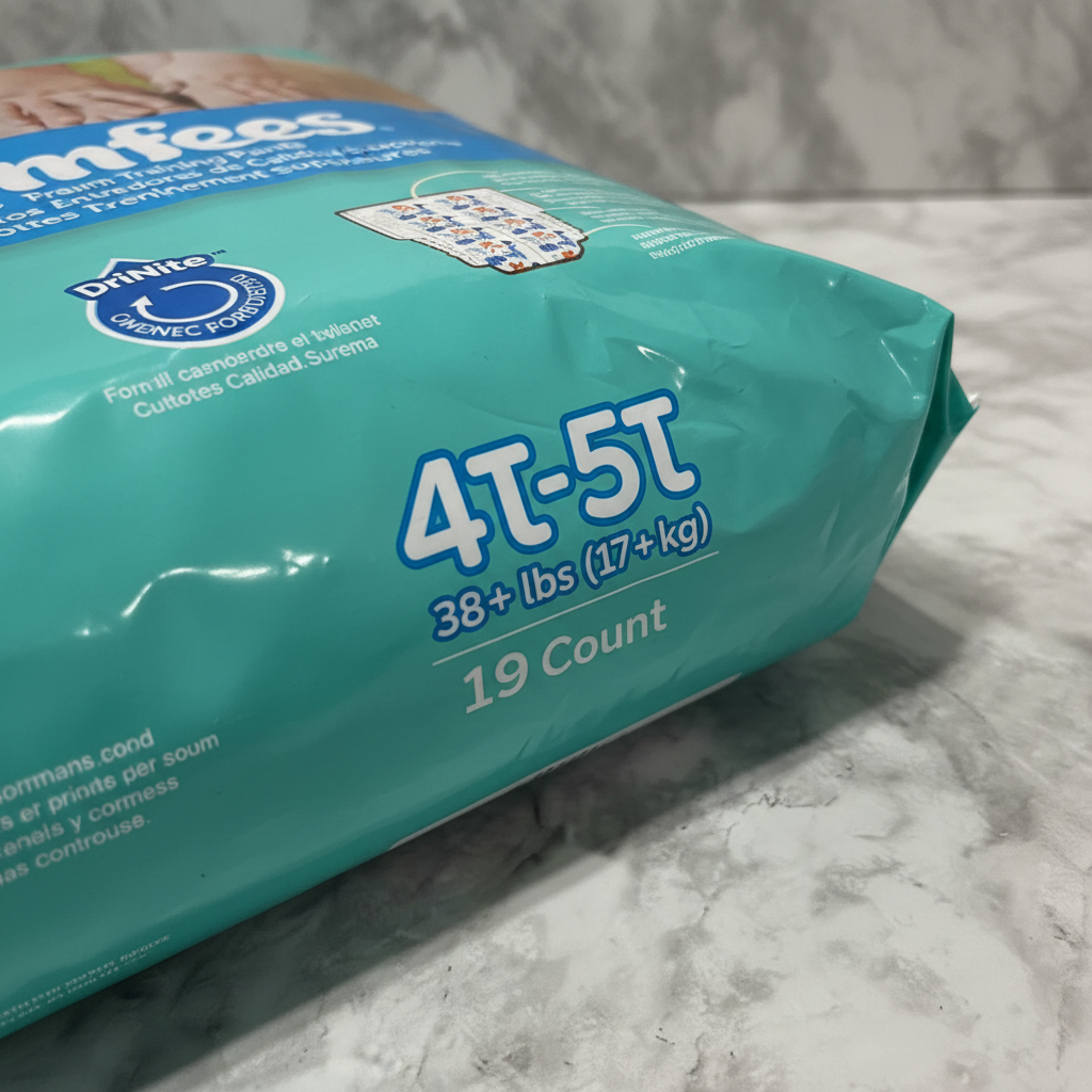 Macro close-up of size indicators on Comfees Boys Training Pants packaging showing 4T-5T 38+ lbs 19 Count