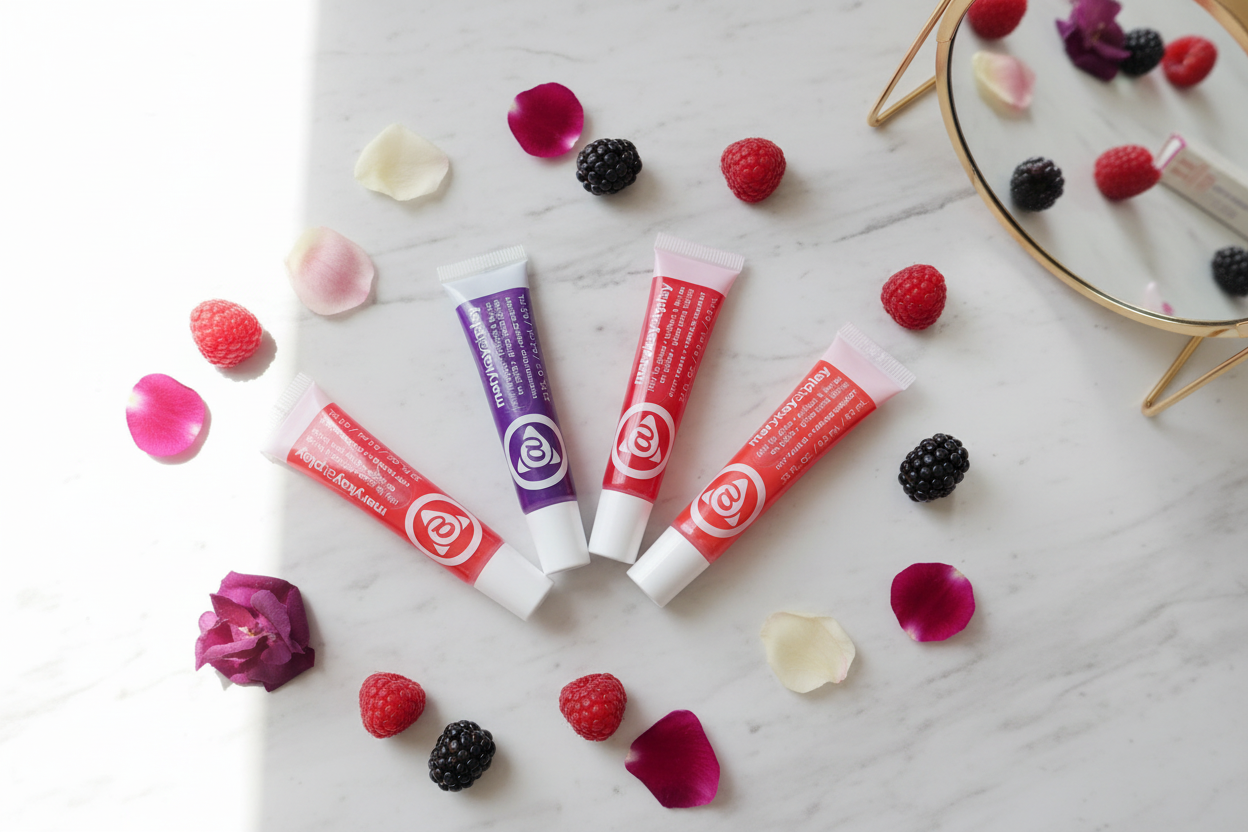 Five Mary Kay At Play Jelly Lip Gloss tubes in berry, violet, red-orange, plum, and coral arranged on white marble with berries and flower petals – beauty flat lay