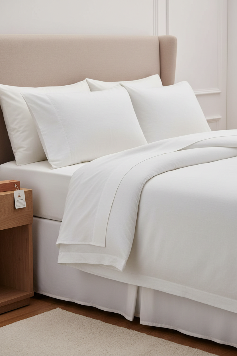 Wellness Plus Sandalwood Scented white queen sheets on minimalist master bedroom bed with sandalwood block on oak nightstand