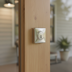 Kwikset Signature Series polished chrome deadbolt on natural wood front door with warm porch lighting – More4less Outlet
