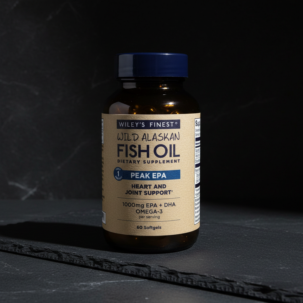 Lifestyle context image of Wiley's Finest Wild Alaskan Fish Oil Peak EPA 60 softgels (AI-generated for visual illustration only) – dark slate studio editorial – More4less Outlet