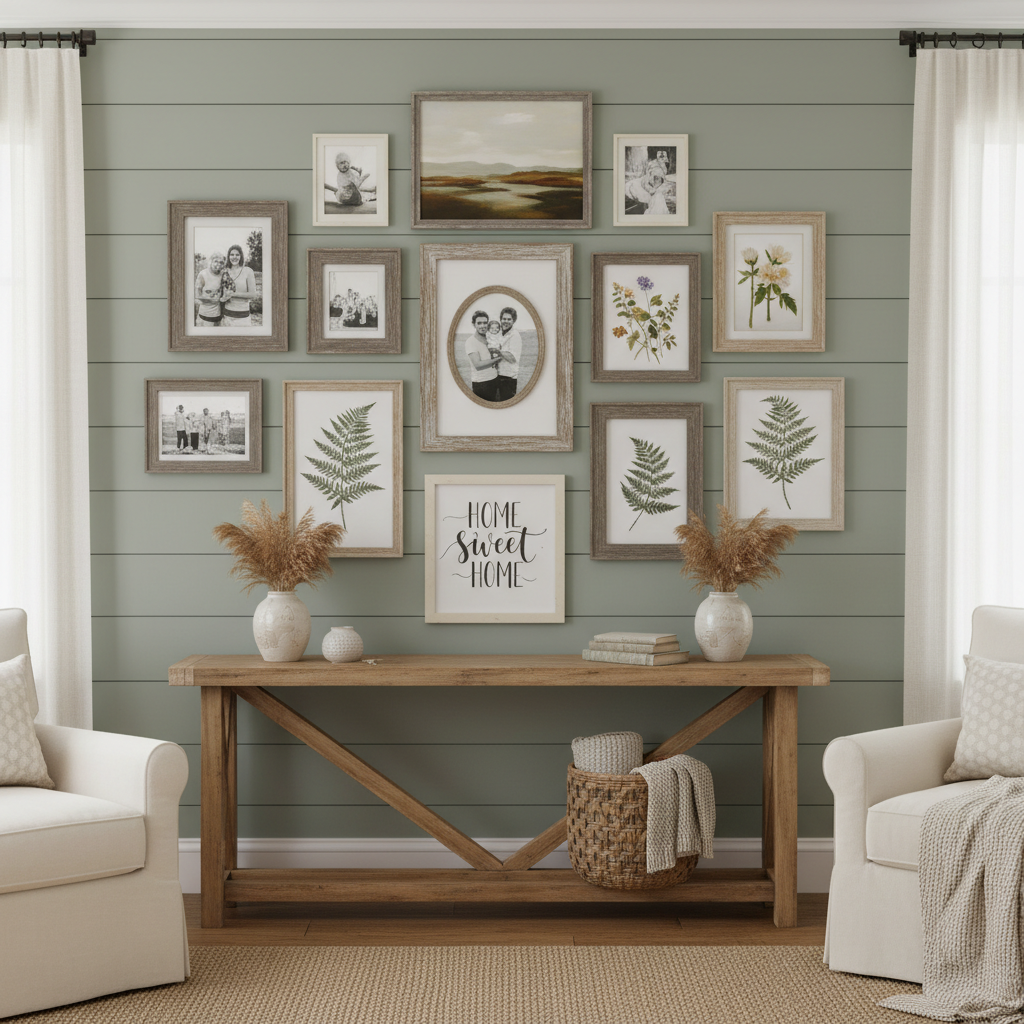 Styled gallery wall with multiple weathered grey and neutral picture frames arranged artfully