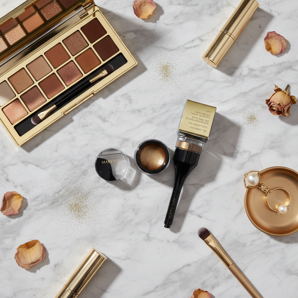 Mary Kay Gel Liner Duo Dramatic Gold glamorous makeup vanity flatlay with gold accents and luxury beauty accessories