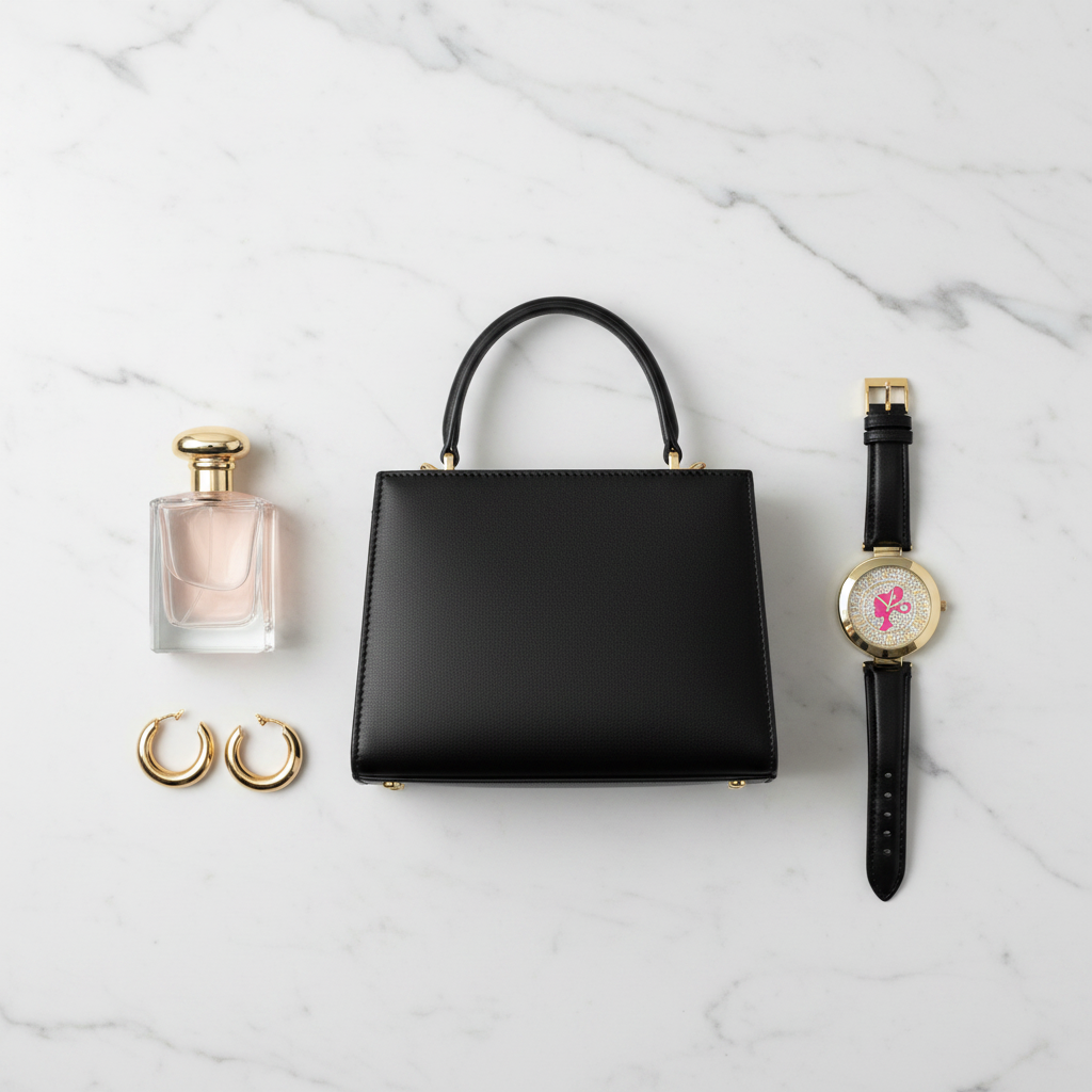 Chic flat-lay of black handbag, perfume, gold earrings, and Barbie crystal watch on white marble