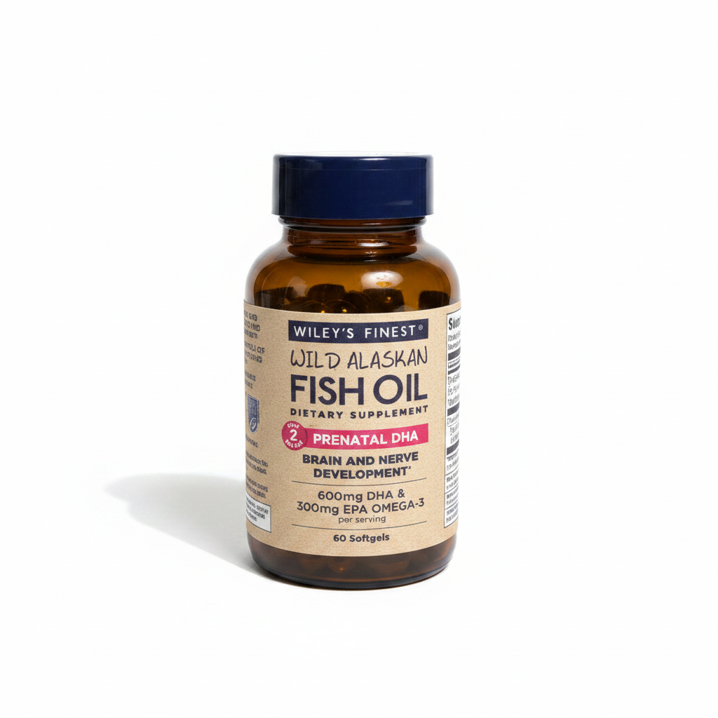 Lifestyle context image of Wiley's Finest Prenatal DHA Fish Oil 60 softgels (AI-generated for visual illustration only) – white surface minimalist supplement photography – More4less Outlet