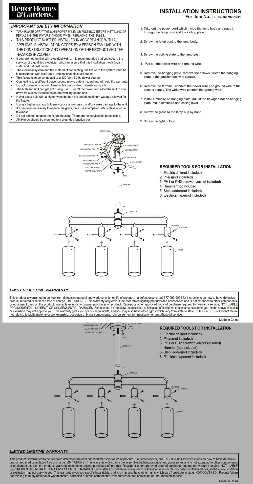 Installation instructions for a ceiling light fixture with diagrams and text.