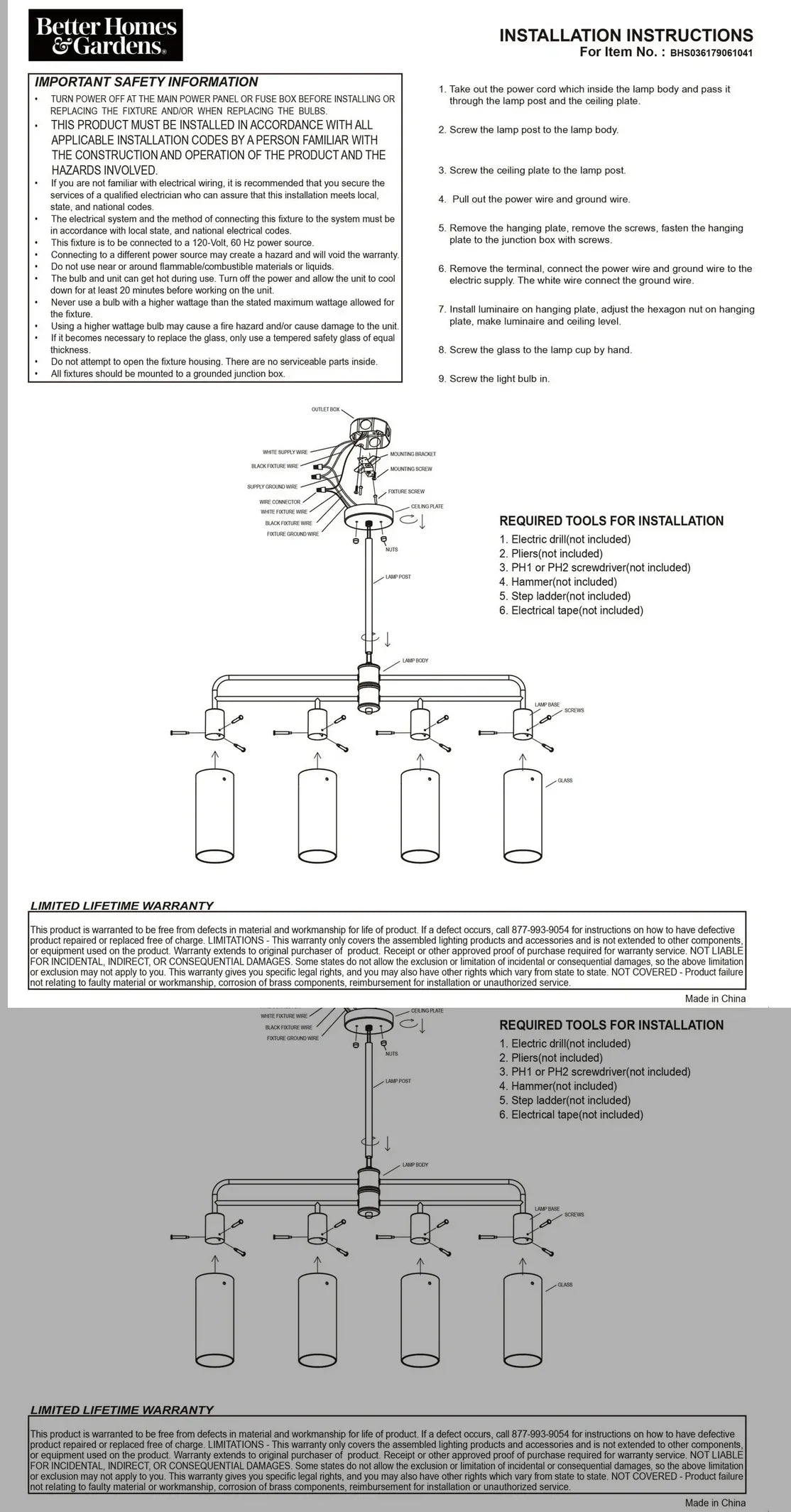 Installation instructions for a ceiling light fixture with diagrams and text.