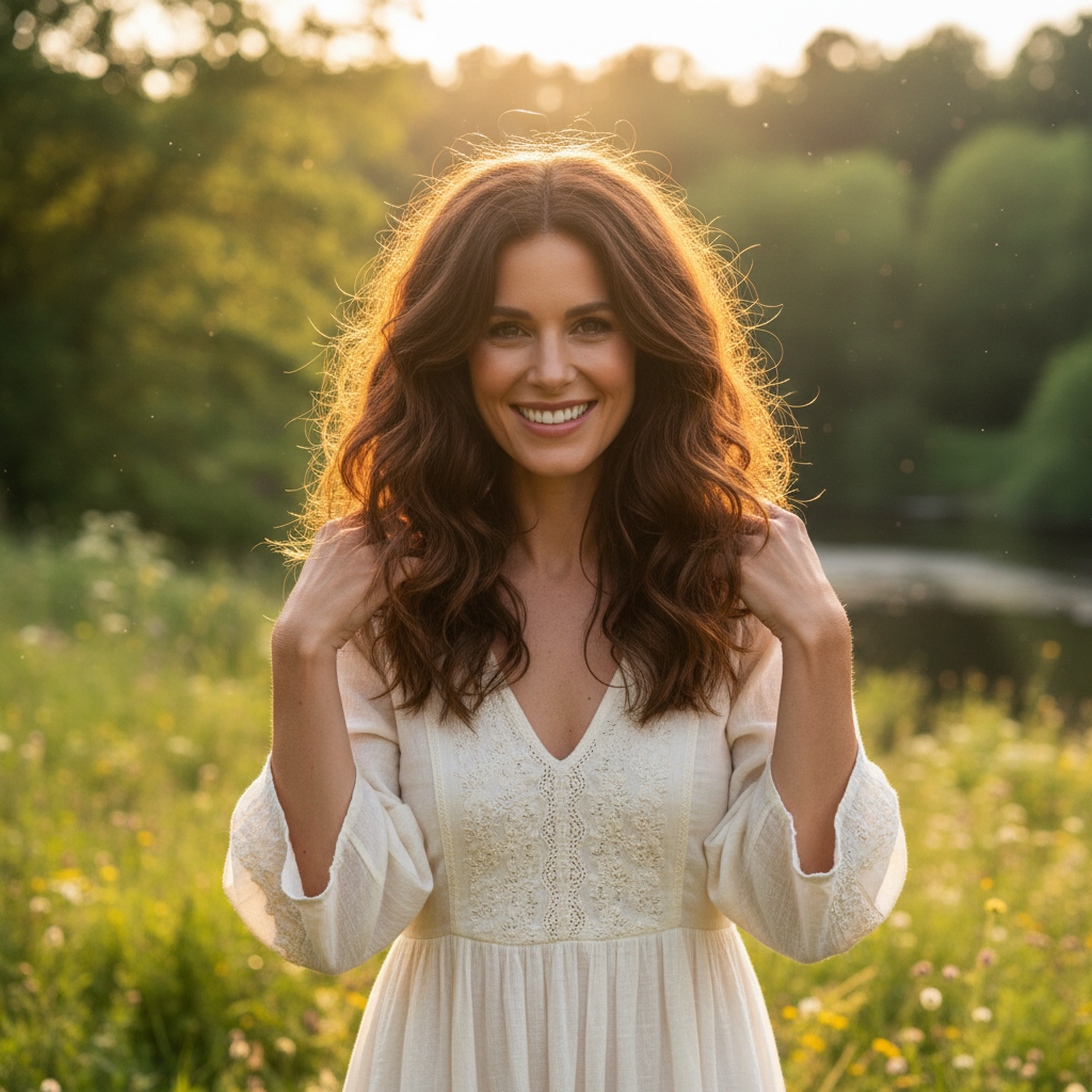 Woman with thick voluminous hair smiling confidently outdoors, beautiful woman with full healthy hair in natural setting