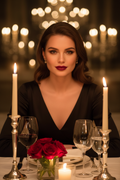 Woman with sophisticated evening look wearing deep ruby red lip color at candlelit dinner – lifestyle beauty photography