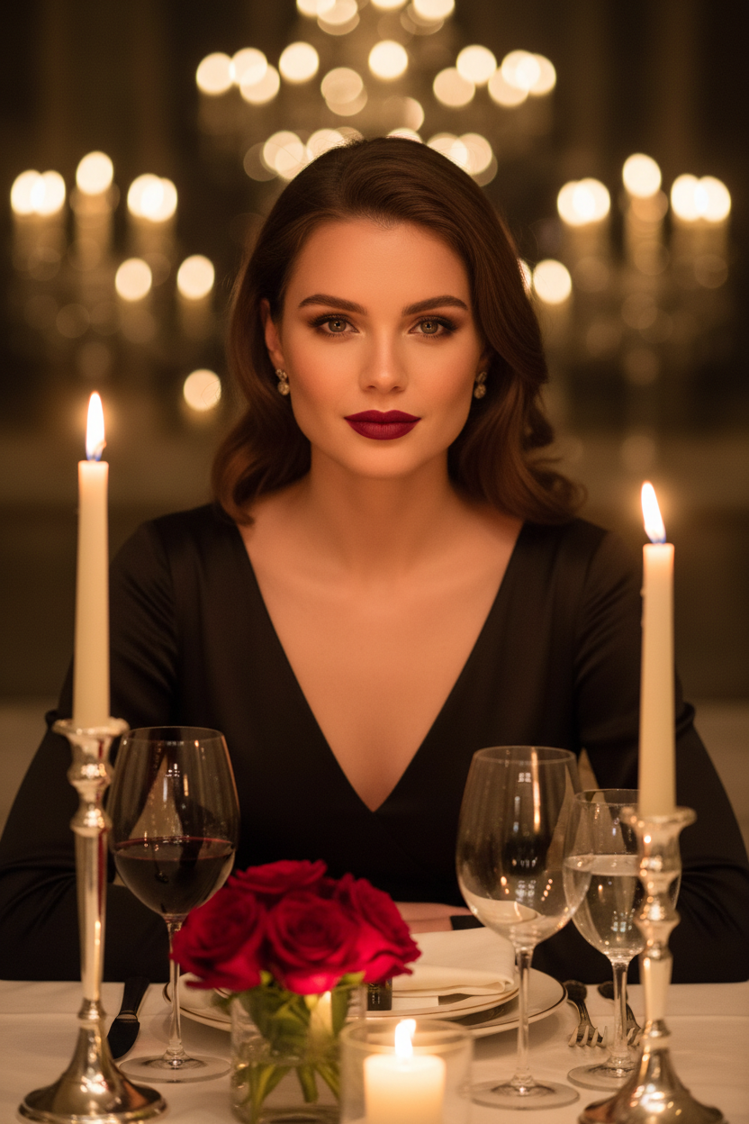 Woman with sophisticated evening look wearing deep ruby red lip color at candlelit dinner – lifestyle beauty photography