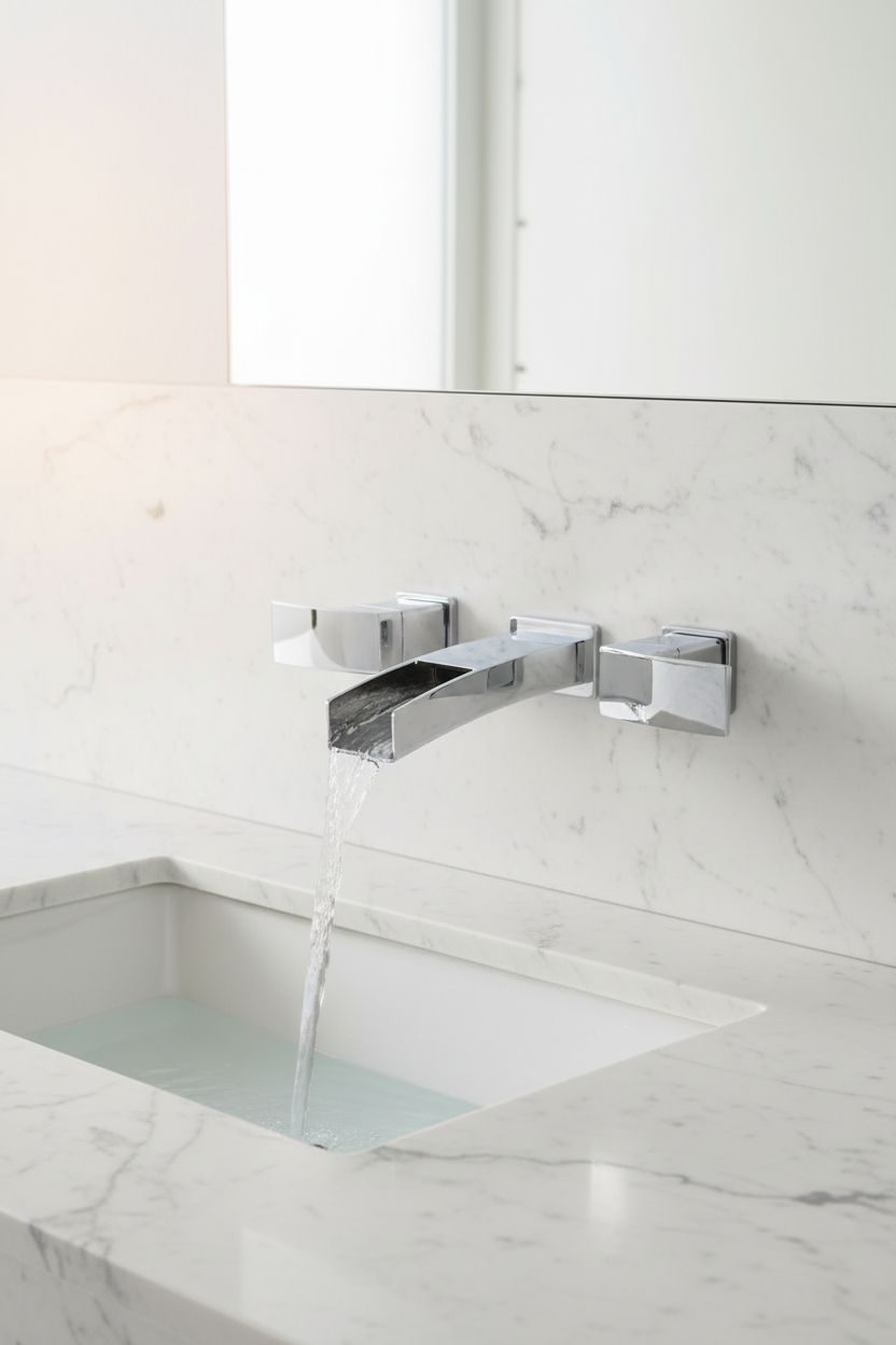 Pfister Kenzo polished chrome wall mount faucet on white marble wall above rectangular undermount sink in minimalist luxury bathroom