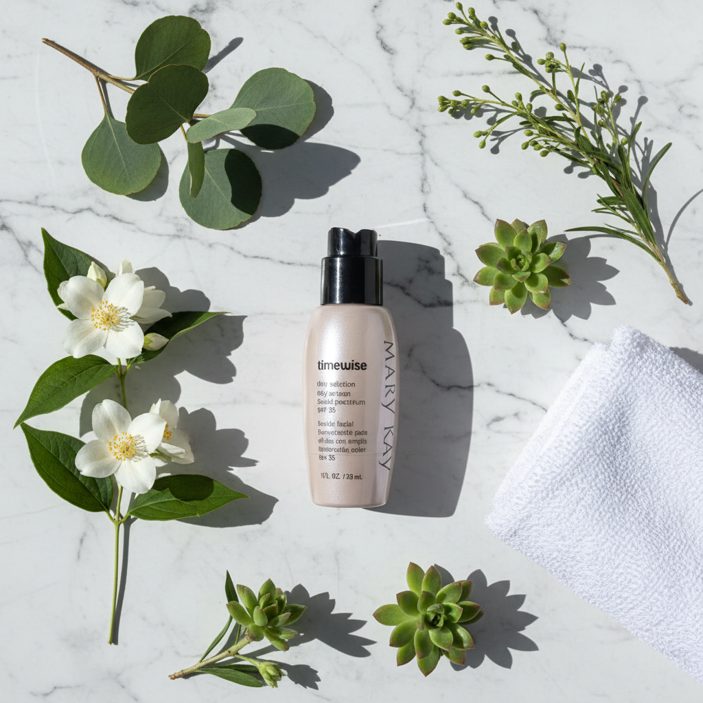 Flat lay of Mary Kay TimeWise Day Solution SPF 35 with botanicals on white marble