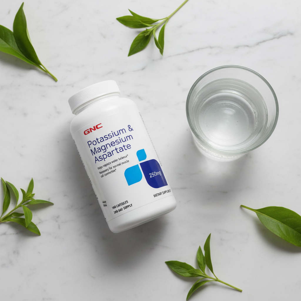 GNC Potassium & Magnesium Aspartate bottle on marble with green leaves and water – More4less Outlet