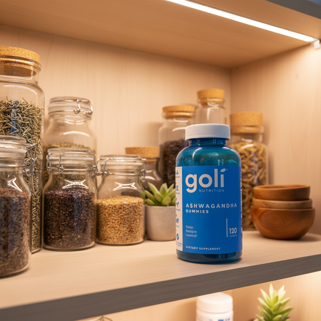 Goli Nutrition Ashwagandha Gummies bottle inside organized wellness apothecary pantry with high-transparency glass containers and soft bright residential lighting