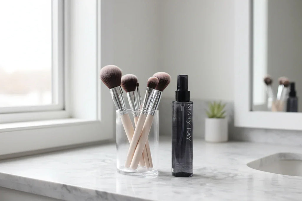Clean vanity setup with makeup brushes and professional brush cleaning spray bottle on marble surface
