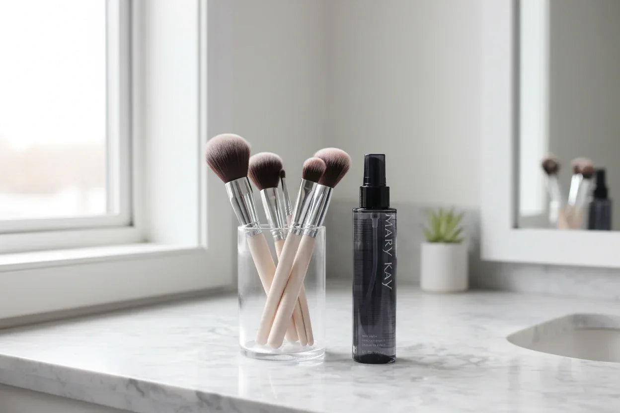 Clean vanity setup with makeup brushes and professional brush cleaning spray bottle on marble surface